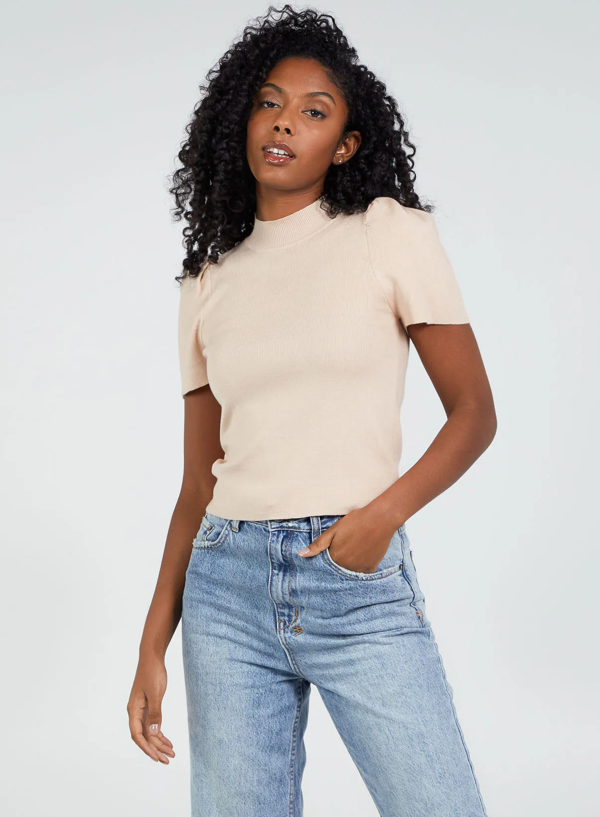 Short Puff Sleeves Rollneck Ribbed Top