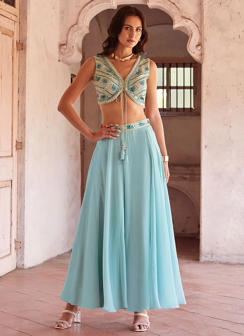 Sky Blue Multi Embroidery Lehenga Choli And Dupatta