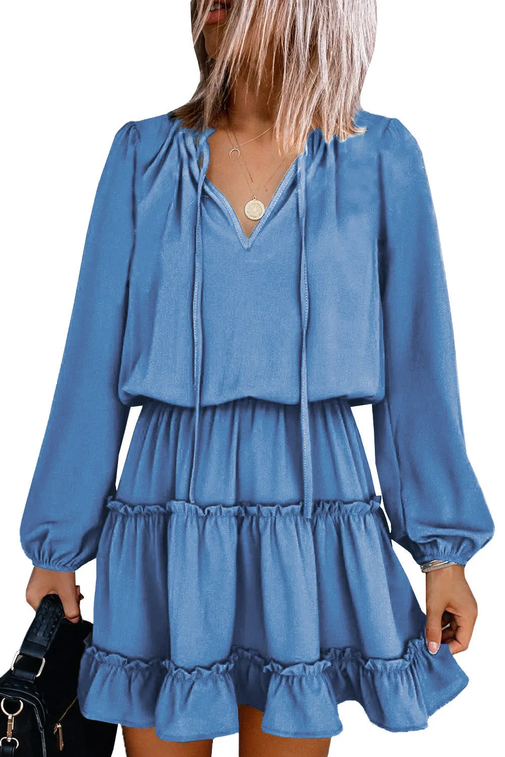 Sky Blue V Neck Long Sleeve Ruffle Tiered Mini Dress