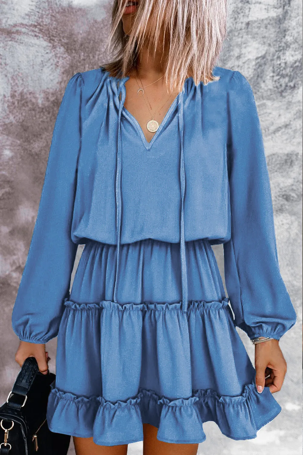 Sky Blue V Neck Long Sleeve Ruffle Tiered Mini Dress