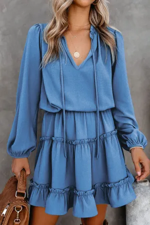 Sky Blue V Neck Long Sleeve Ruffle Tiered Mini Dress