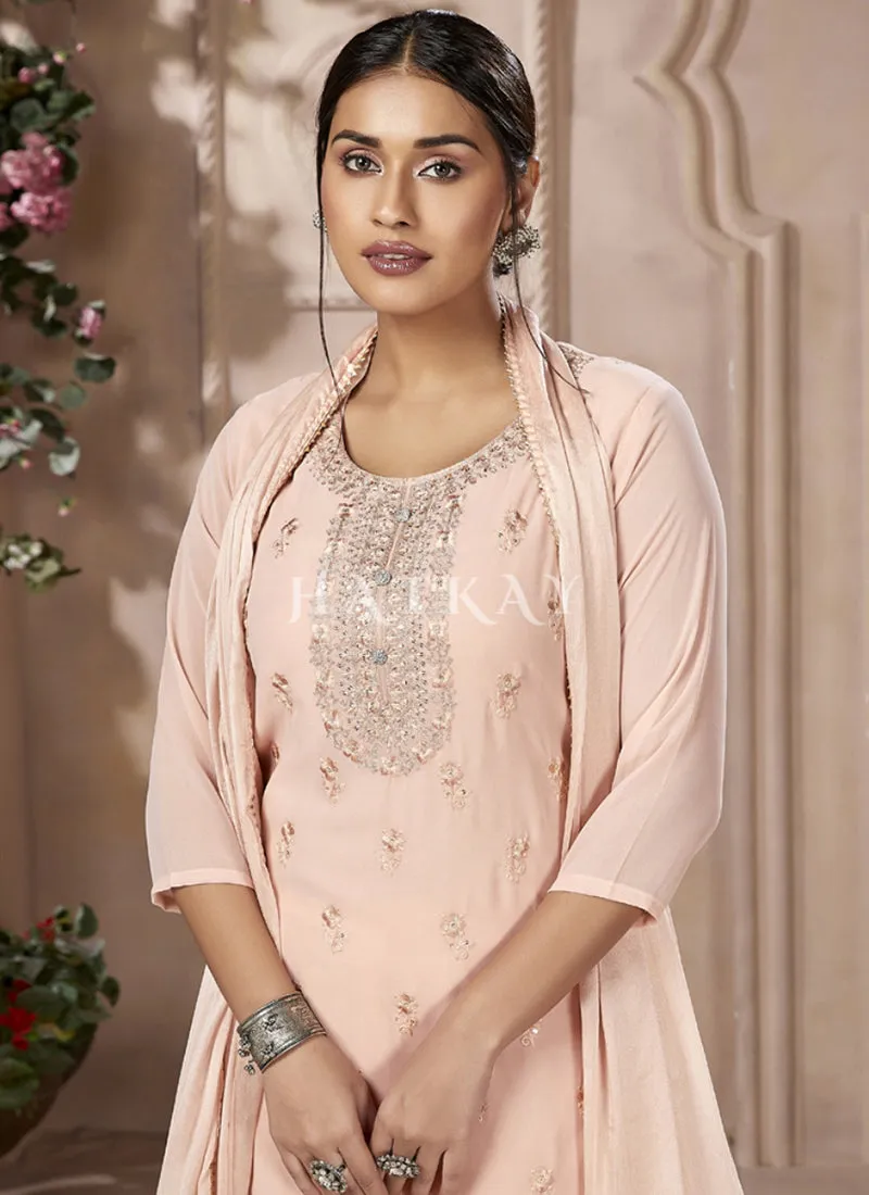 Soft Peach Embroidery Traditional Pakistani Pant Suit