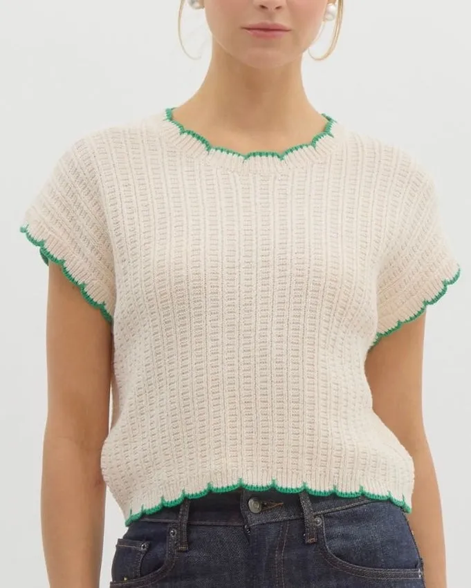 Solid Pullover Knit Sweater Top in Off White With Green Piping