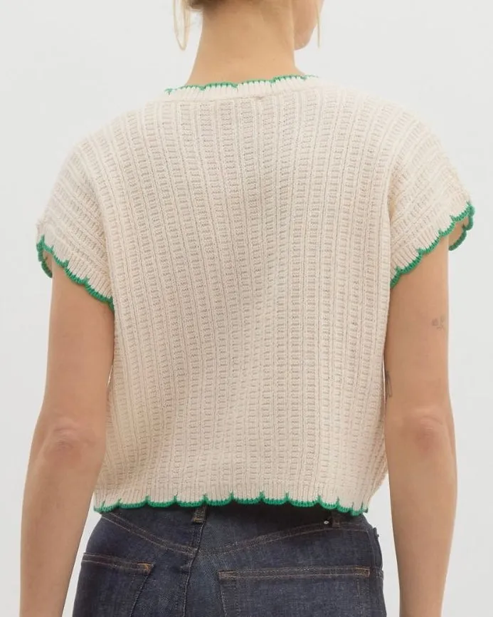 Solid Pullover Knit Sweater Top in Off White With Green Piping