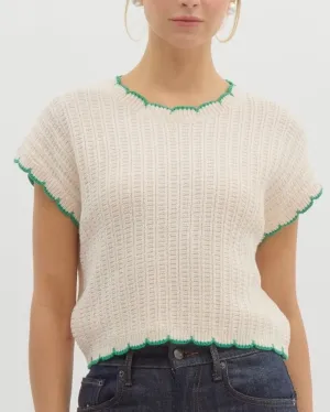 Solid Pullover Knit Sweater Top in Off White With Green Piping