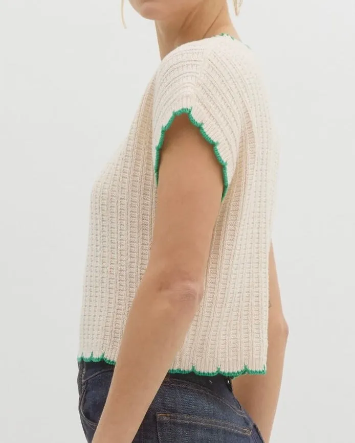 Solid Pullover Knit Sweater Top in Off White With Green Piping