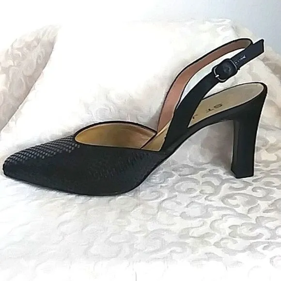 St John Sling back heels Black Satin with Sparkling Paillettes size. 9.5B
