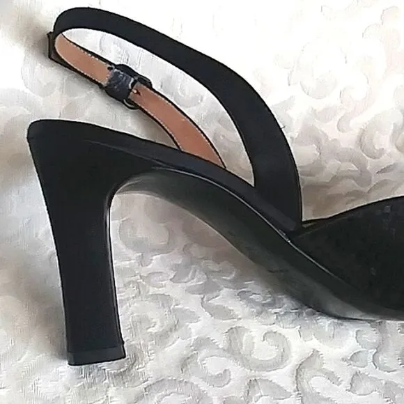 St John Sling back heels Black Satin with Sparkling Paillettes size. 9.5B