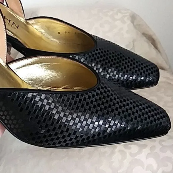 St John Sling back heels Black Satin with Sparkling Paillettes size. 9.5B