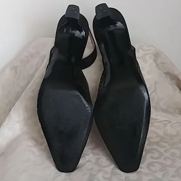 St John Sling back heels Black Satin with Sparkling Paillettes size. 9.5B