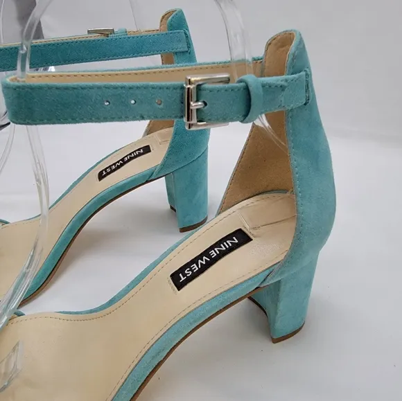 Suede Turquoise Nine West ankle strap block heels 2.5&quot;