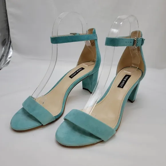 Suede Turquoise Nine West ankle strap block heels 2.5&quot;
