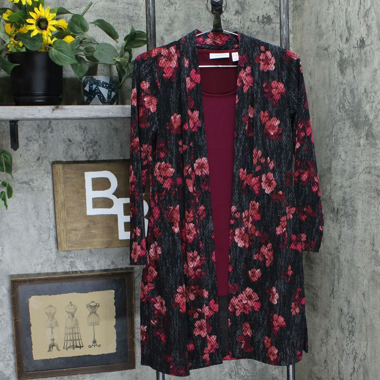 Susan Graver Petite Printed Novelty Knit Duster Cardigan & Tank Top