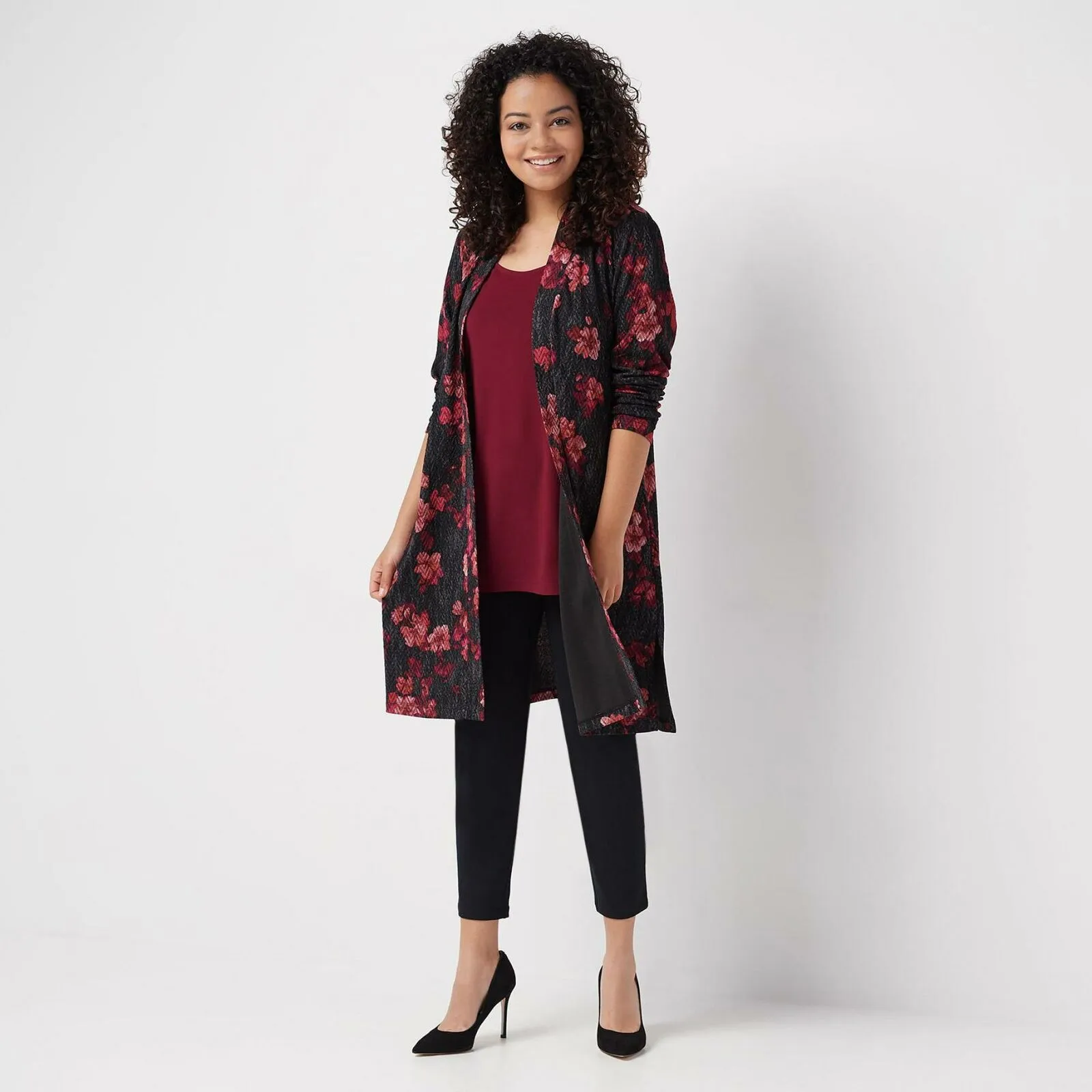 Susan Graver Petite Printed Novelty Knit Duster Cardigan & Tank Top