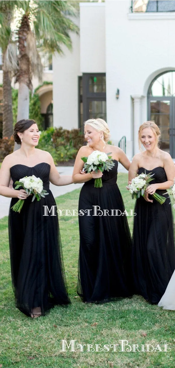 Sweetheart Black Tulle A-line Long Cheap Bridesmaid Dresses, BDS0089