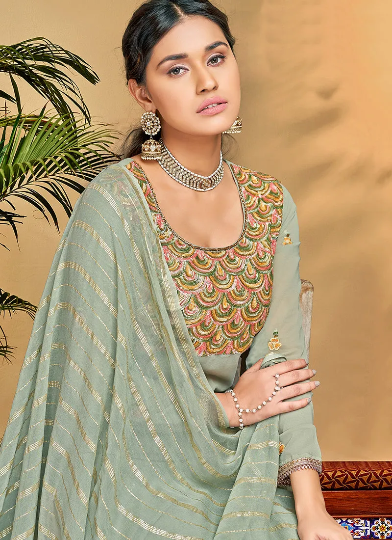 Teal Blue Multi Floral Embroidery Pant Style Suit