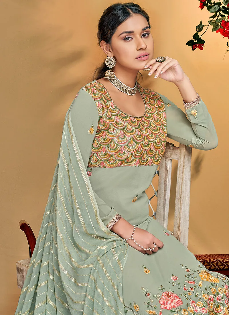 Teal Blue Multi Floral Embroidery Pant Style Suit