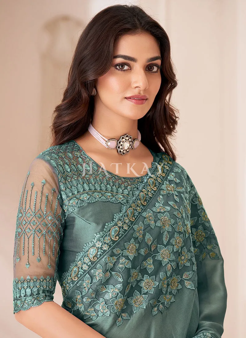 Teal Sequence Embroidery Wedding Saree