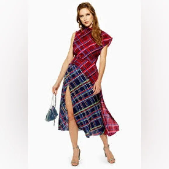 Topshop Plaid Asymmetrical Dress with High Slit- Beautiful fit. Worn once