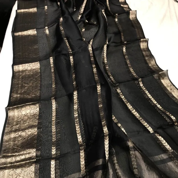 Trending Black Beauty Banarasi Kora Silk Party Wear Heavy Saree