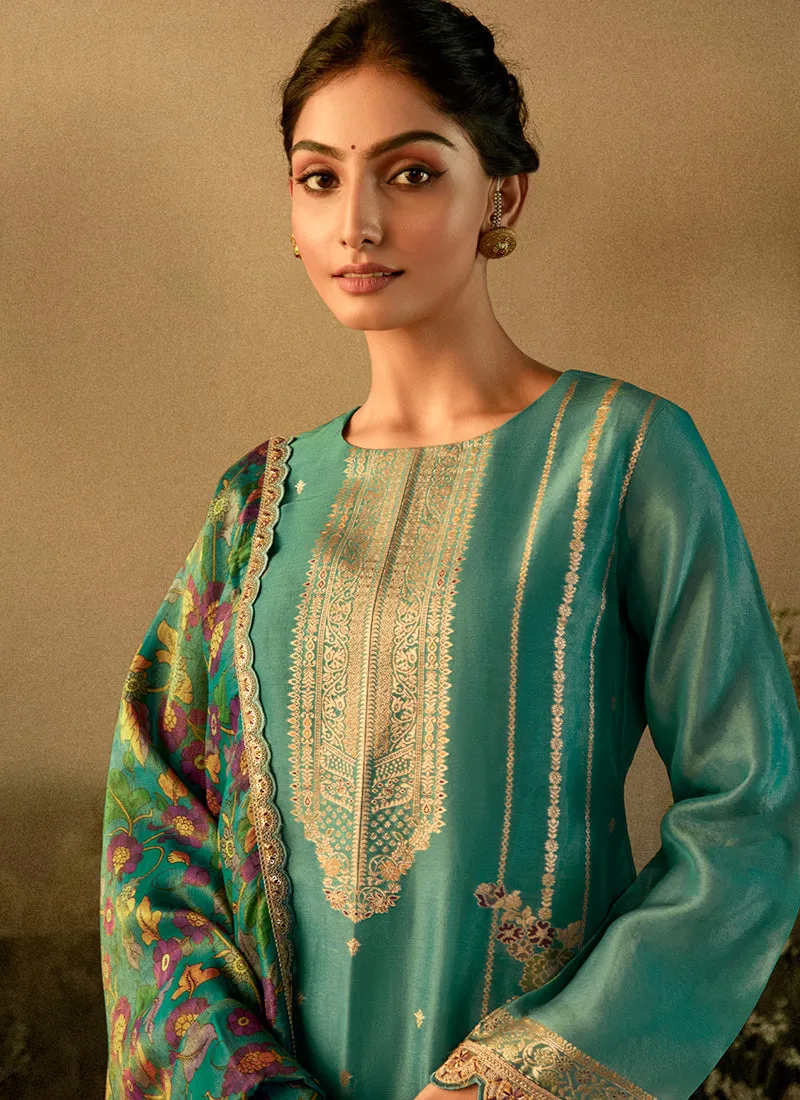 Turquoise Banarasi Salwar Kameez Suit
