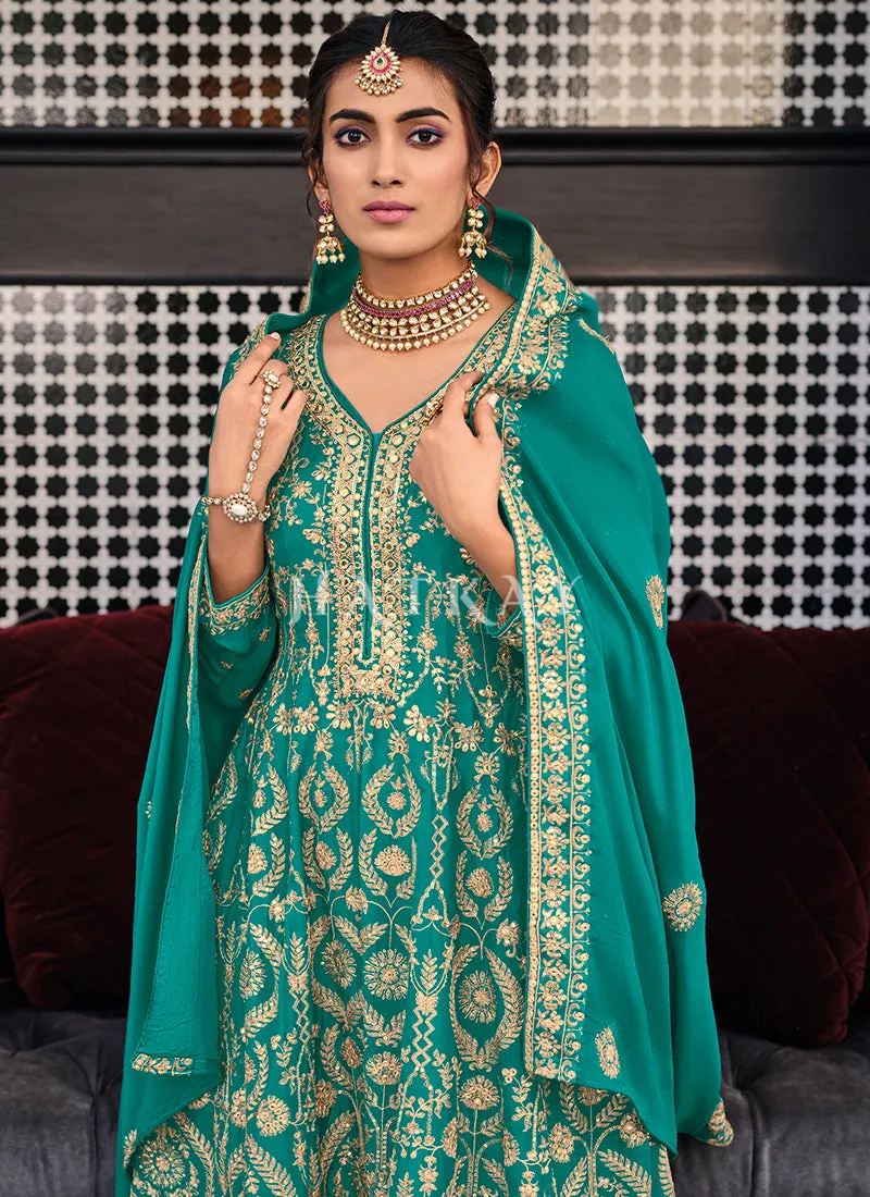 Turquoise Embroidered Palazzo Suit