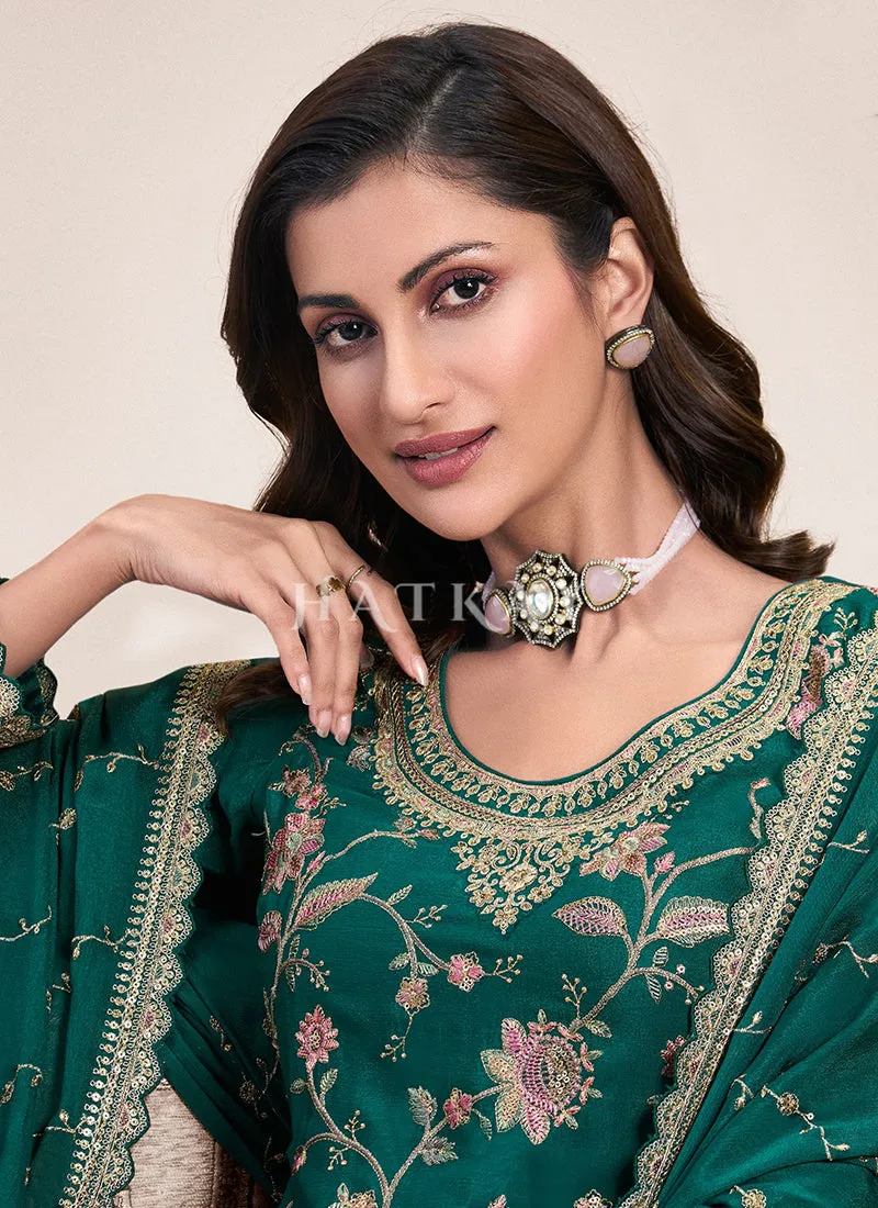 Turquoise Floral Embroidery Palazzo Suit