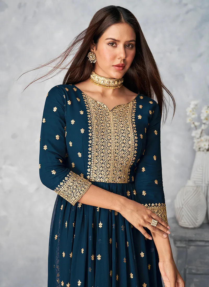 Turquoise Golden Embroidered Designer Palazzo Suit