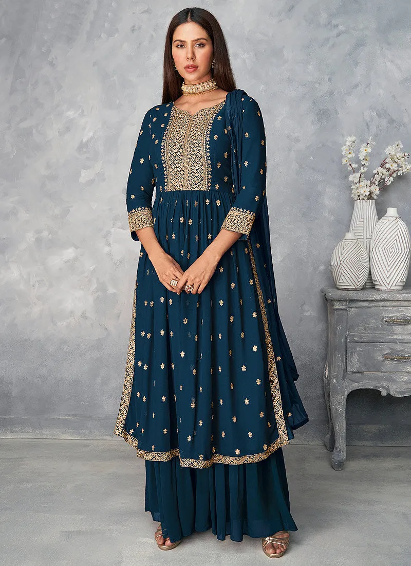 Turquoise Golden Embroidered Designer Palazzo Suit