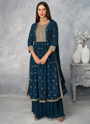 Turquoise Golden Embroidered Designer Palazzo Suit