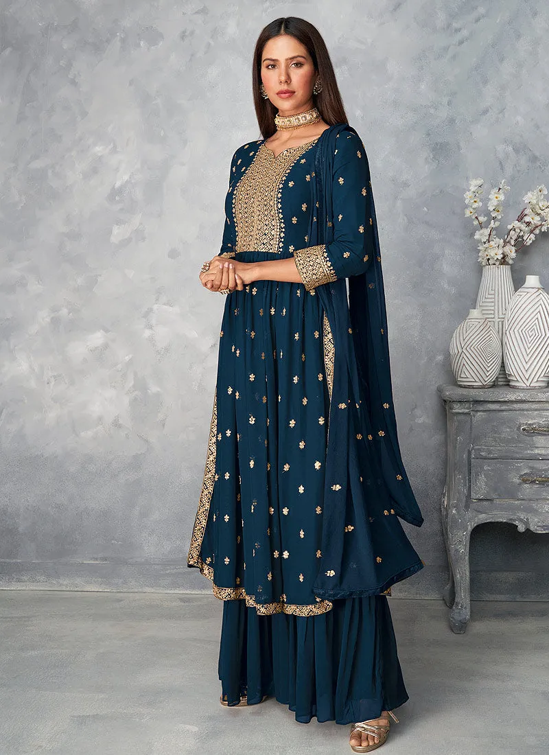 Turquoise Golden Embroidered Designer Palazzo Suit
