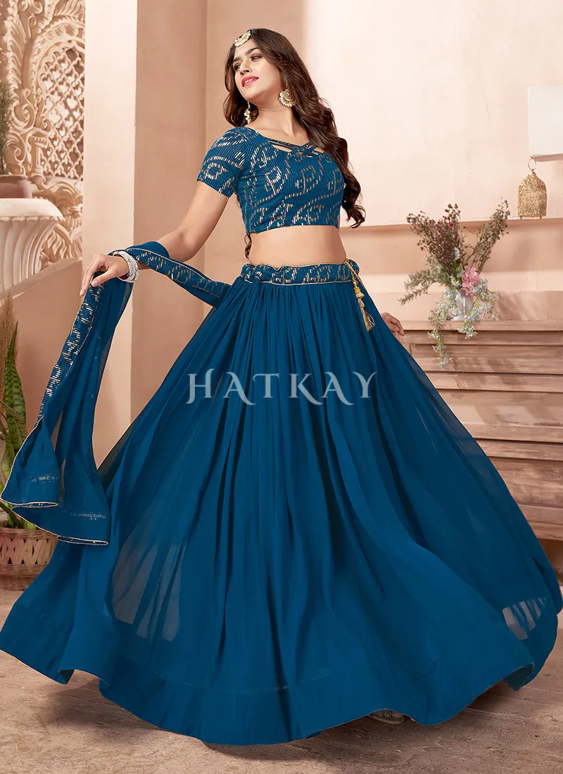 Turquoise Sequence Embroidered Traditional Georgette Lehenga Choli