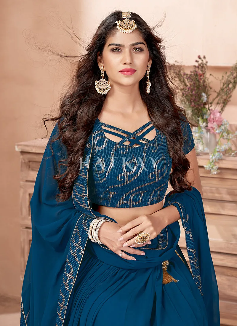Turquoise Sequence Embroidered Traditional Georgette Lehenga Choli