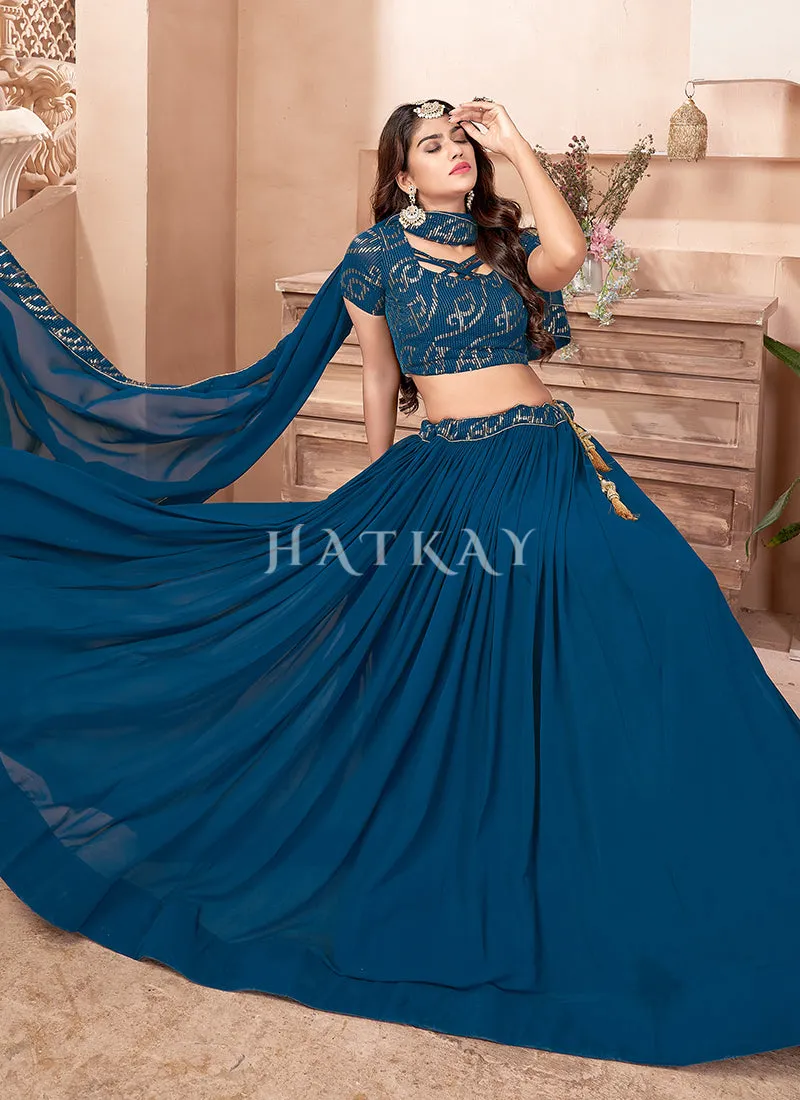 Turquoise Sequence Embroidered Traditional Georgette Lehenga Choli