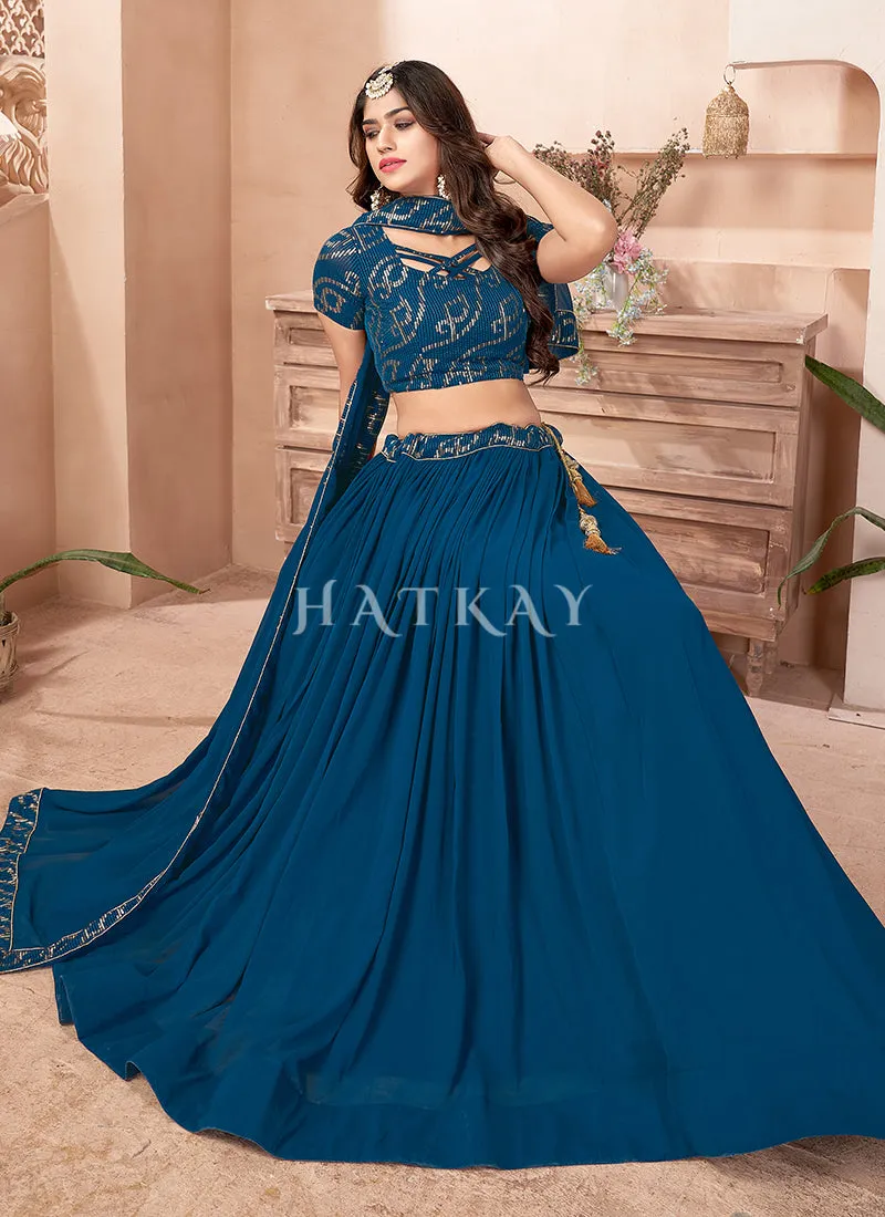 Turquoise Sequence Embroidered Traditional Georgette Lehenga Choli