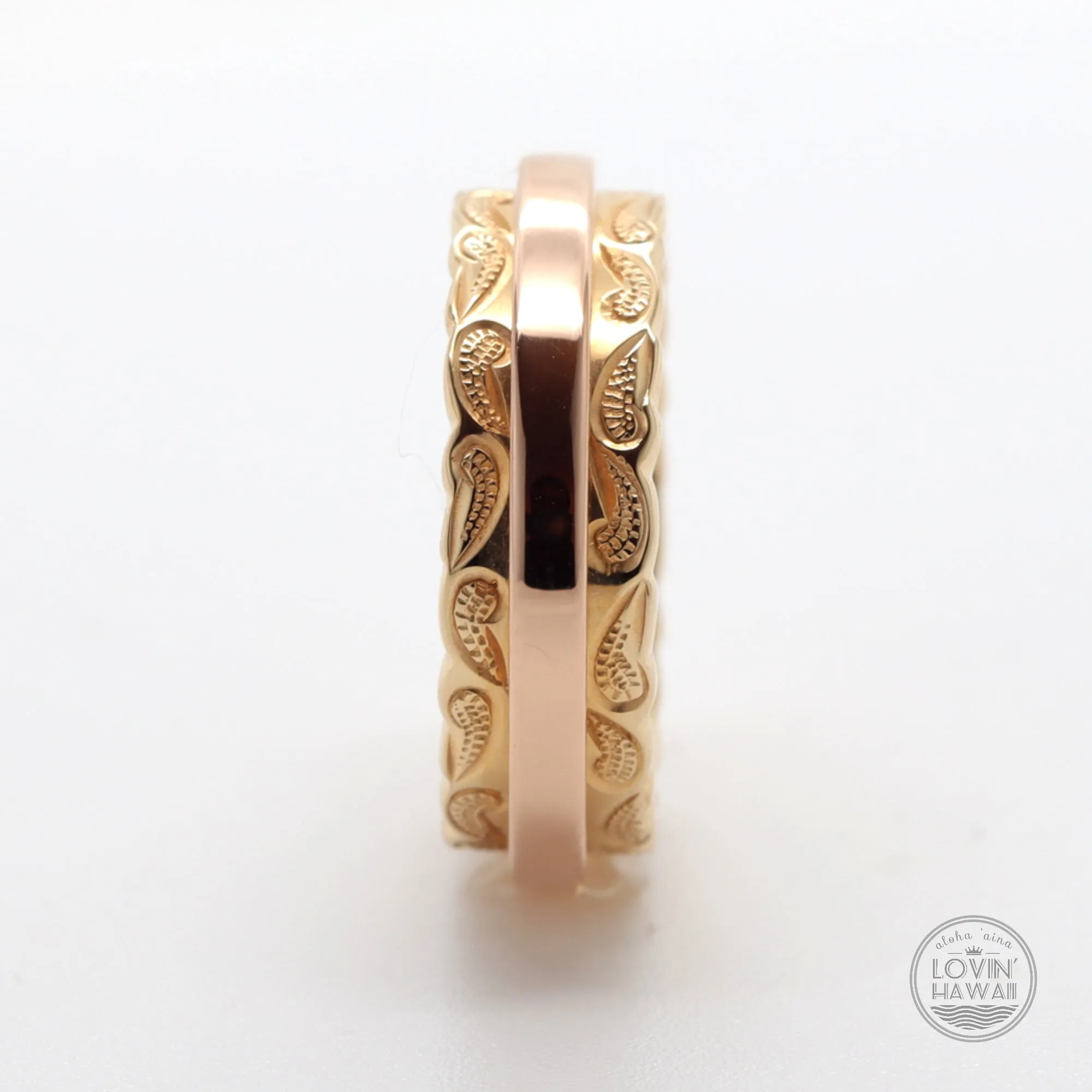 Two Tone Gold Ring Set, Hand Engraved Scroll Design (4mm and 6mm Width)