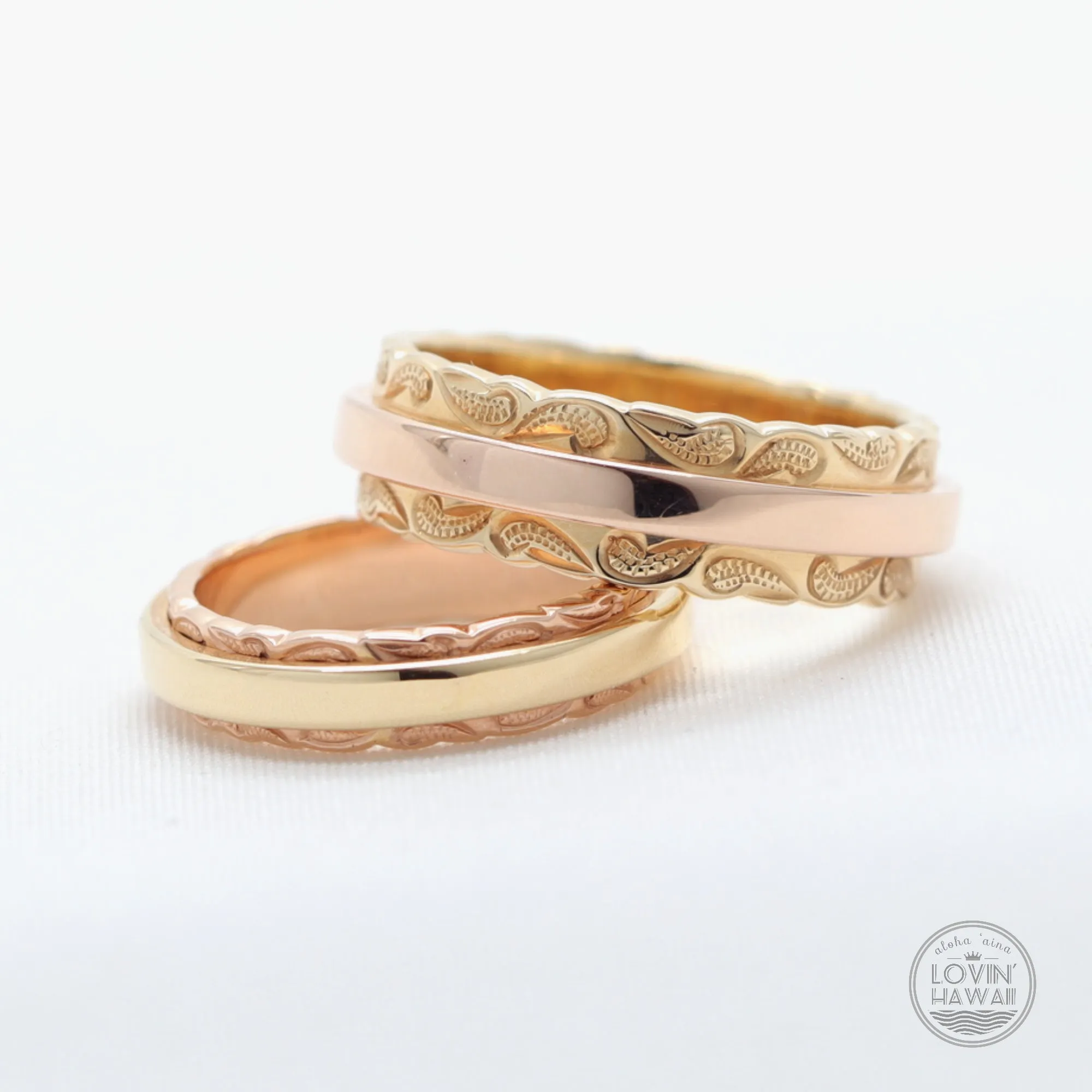 Two Tone Gold Ring Set, Hand Engraved Scroll Design (4mm and 6mm Width)