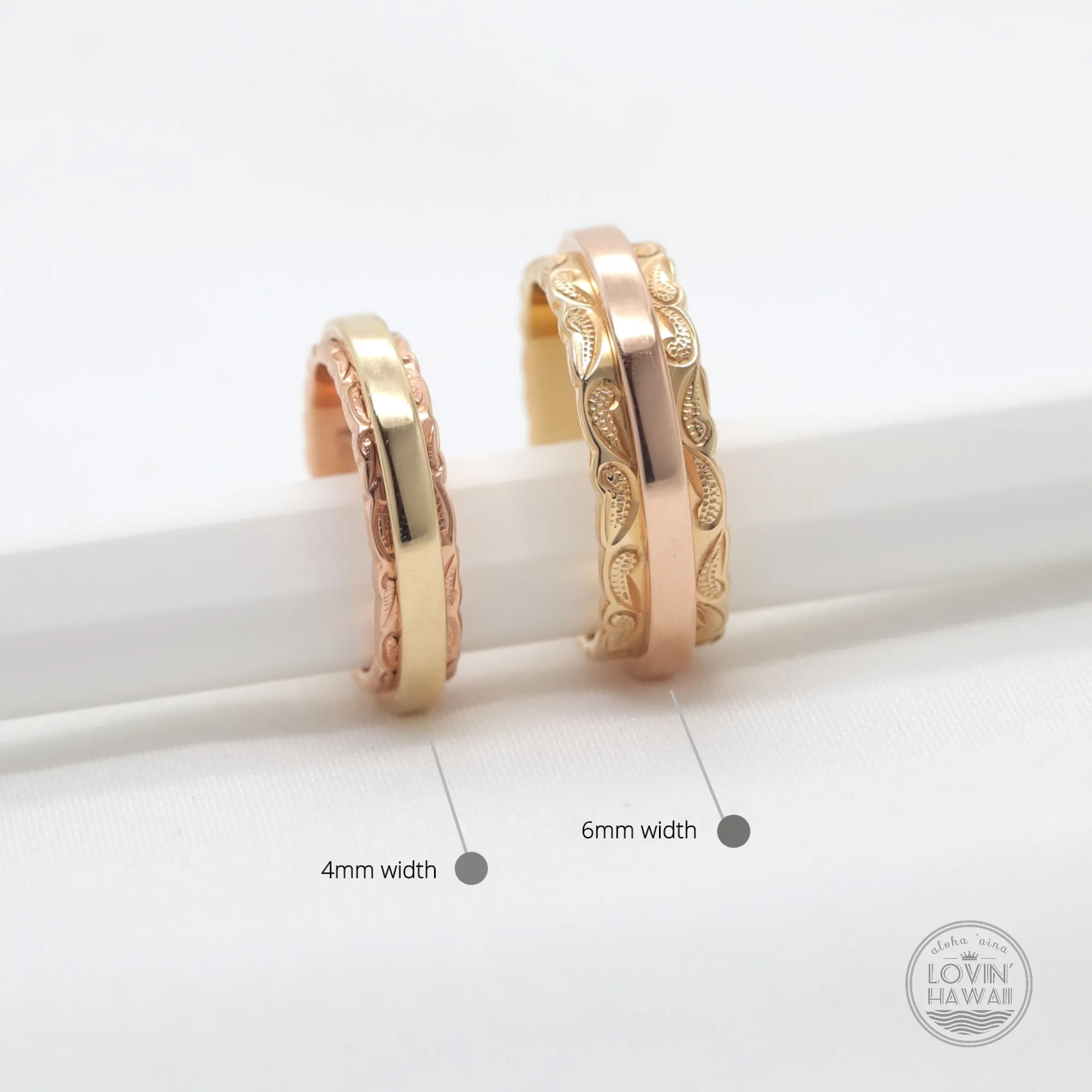 Two Tone Gold Ring Set, Hand Engraved Scroll Design (4mm and 6mm Width)