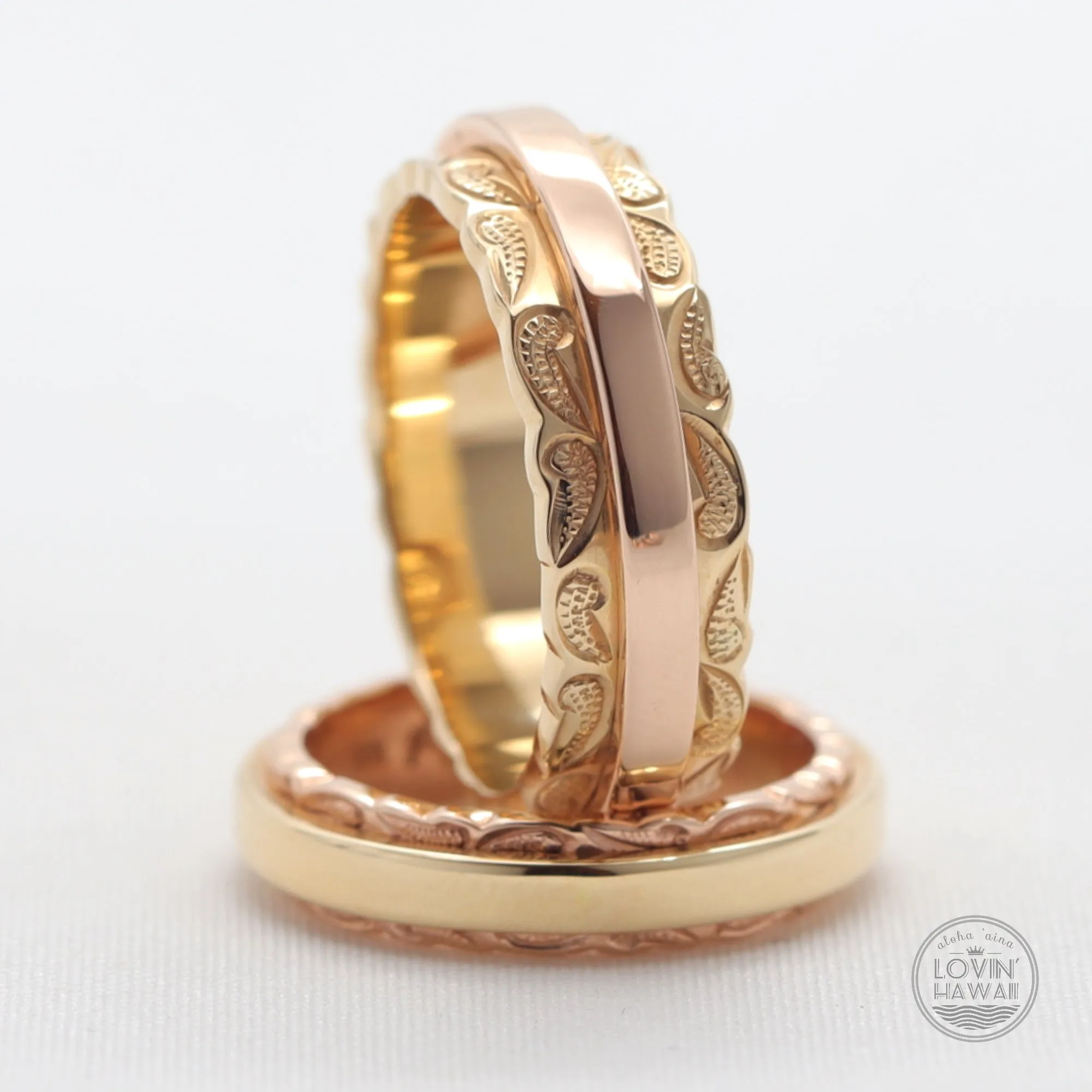 Two Tone Gold Ring Set, Hand Engraved Scroll Design (4mm and 6mm Width)
