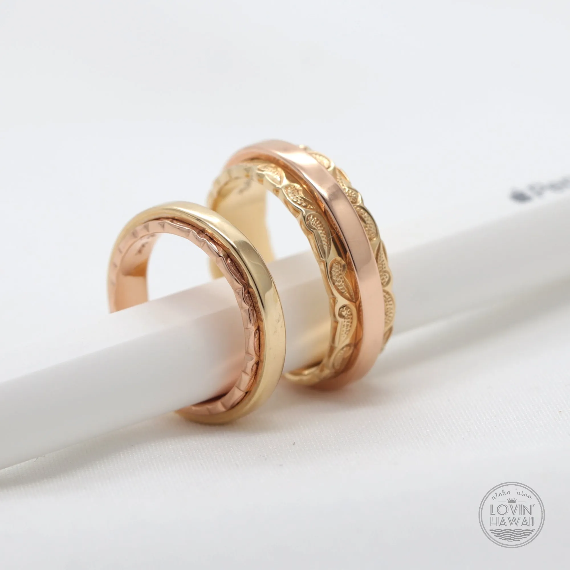 Two Tone Gold Ring Set, Hand Engraved Scroll Design (4mm and 6mm Width)