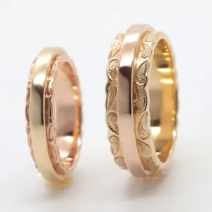 Two Tone Gold Ring Set, Hand Engraved Scroll Design (4mm and 6mm Width)