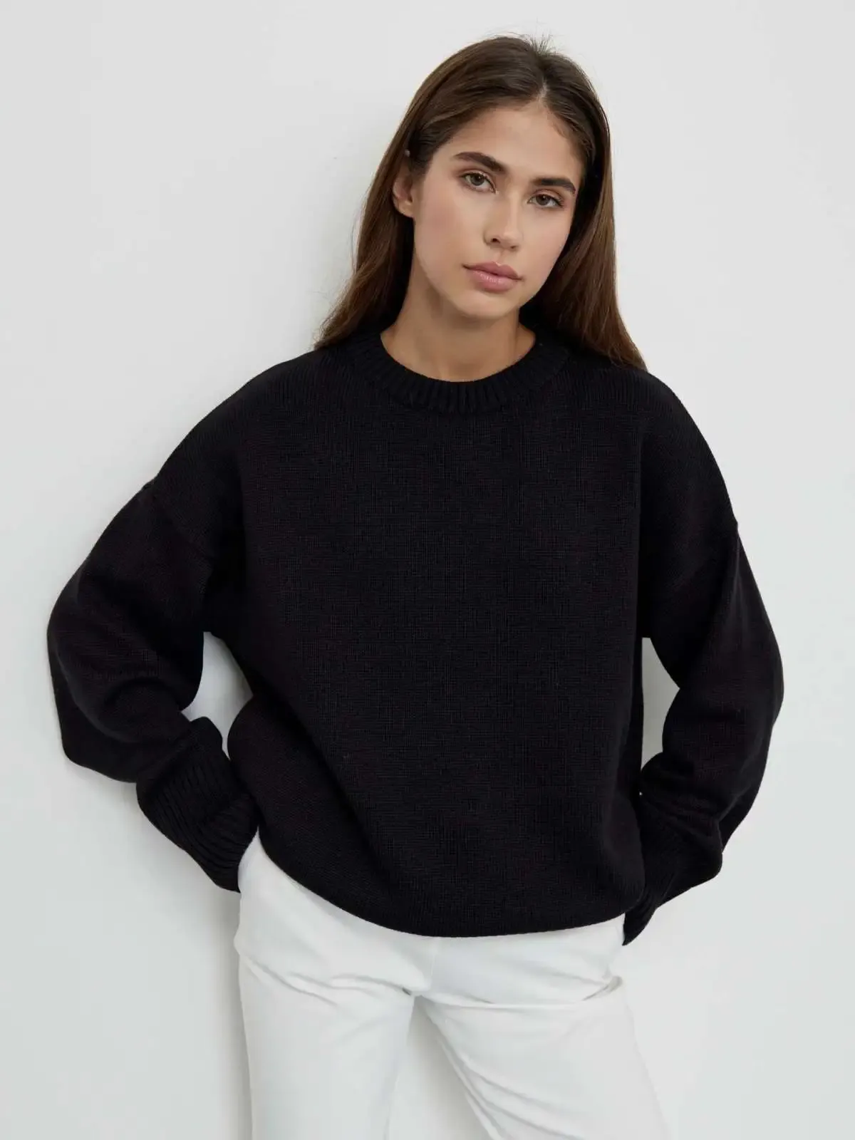 Urban Ease Crew Neck Long Sleeve Ribbed Knit Sweater
