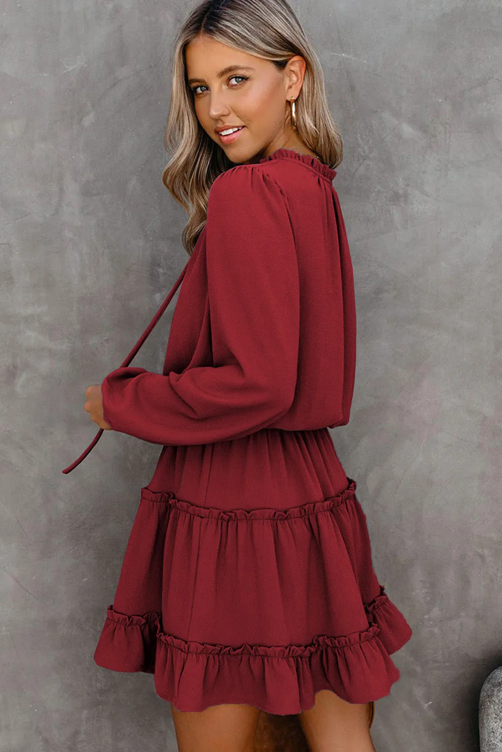 V Neck Long Sleeve Ruffle Tiered Mini Dress