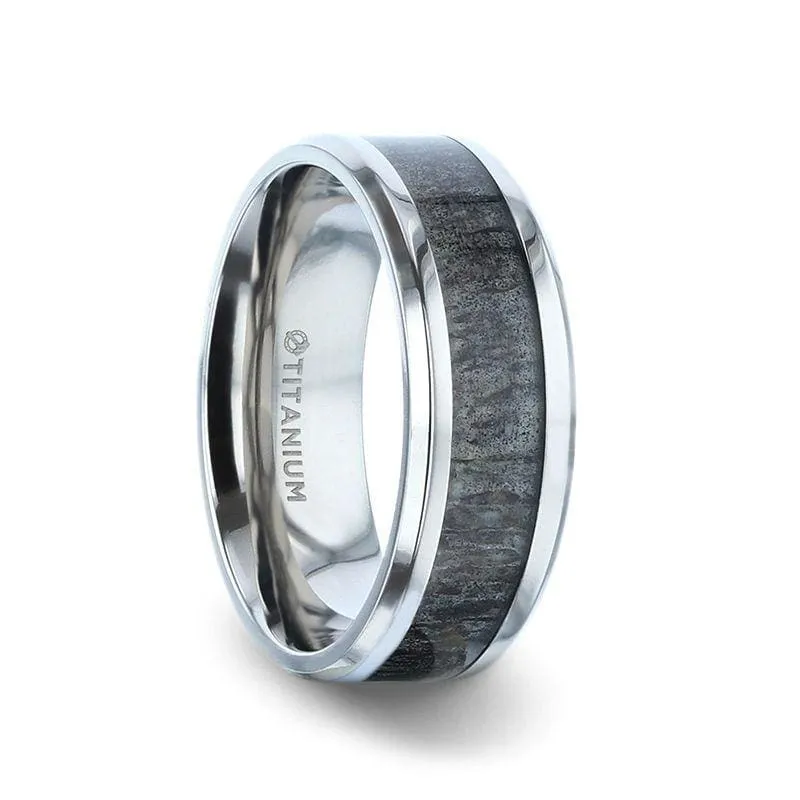 VAIL Beveled Dark Deer Antler Inlaid Titanium Men's Wedding Band - 8mm