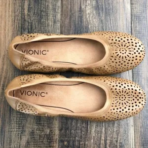 Vionic Ballet Flat Laser Cut Leather Robyn Casual Shoe Slip On Size 7.5 in Brown