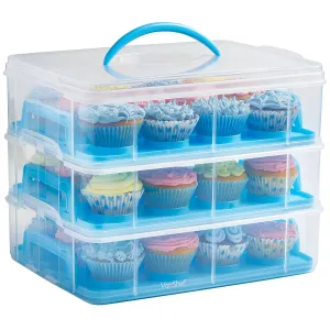 VonShef Snap and Stack Blue 3 Tier Cupcake Holder & Cake Carrier Container - Store up to 36 Cupcakes or 3 Large Cakes
