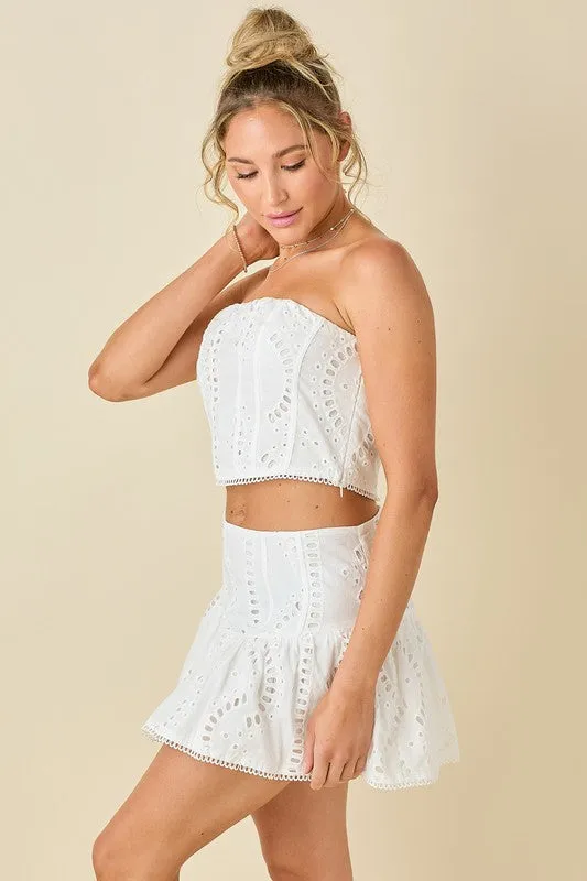 White Embroidered Eyelet Mini Skirt Set