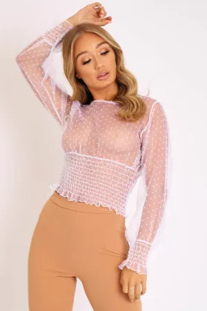 White Mesh Swiss Dot Ruched Hem Top - Jozi