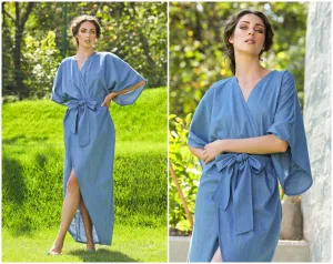 Women Denim Dress, Wrap Dress, Plus Size Clothing, Kaftan Dress, Belt Dress, Loose Blue Dress, Asymmetrical Dress, Long Dress, Kimono Dress