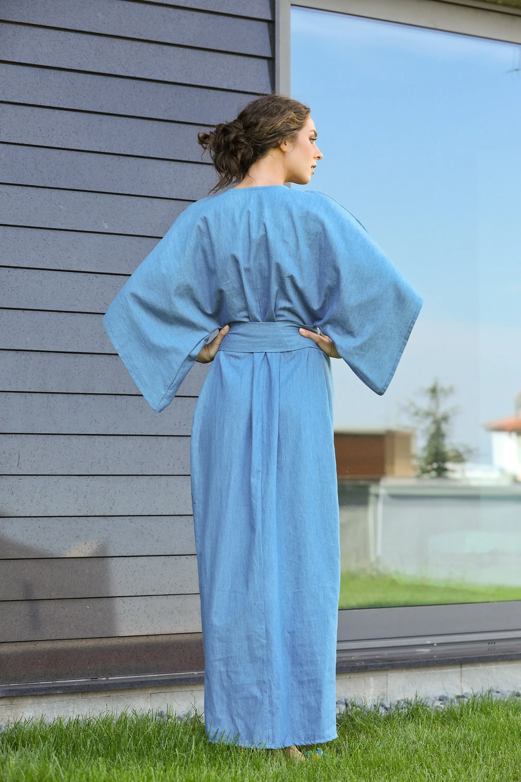 Women Denim Dress, Wrap Dress, Plus Size Clothing, Kaftan Dress, Belt Dress, Loose Blue Dress, Asymmetrical Dress, Long Dress, Kimono Dress